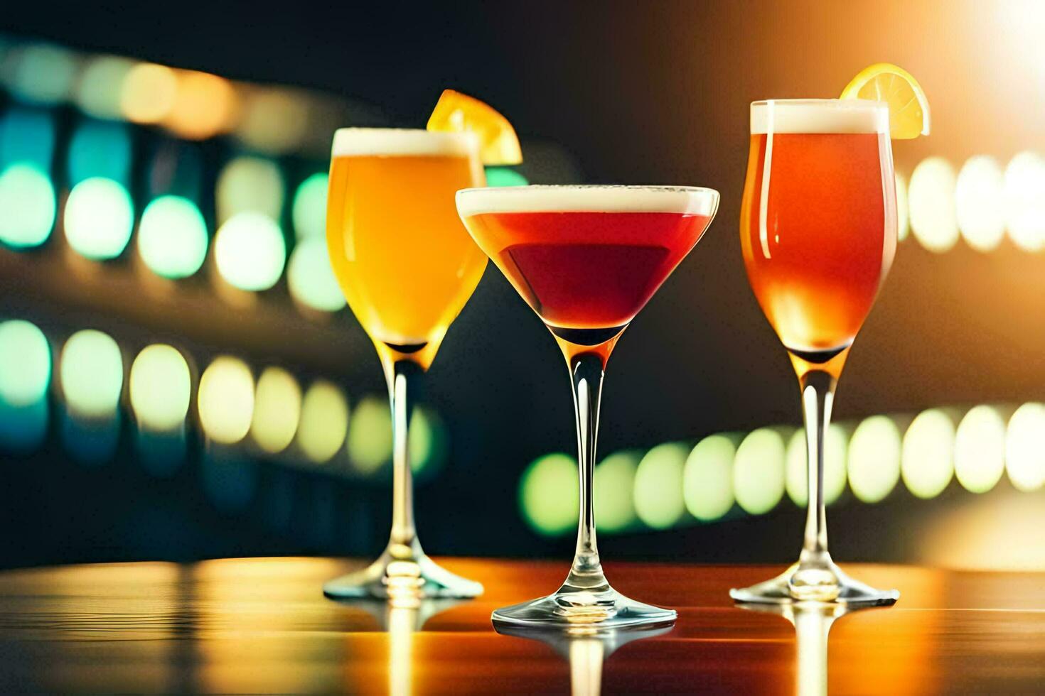 three different types of alcoholic drinks on a table. AI-Generated photo