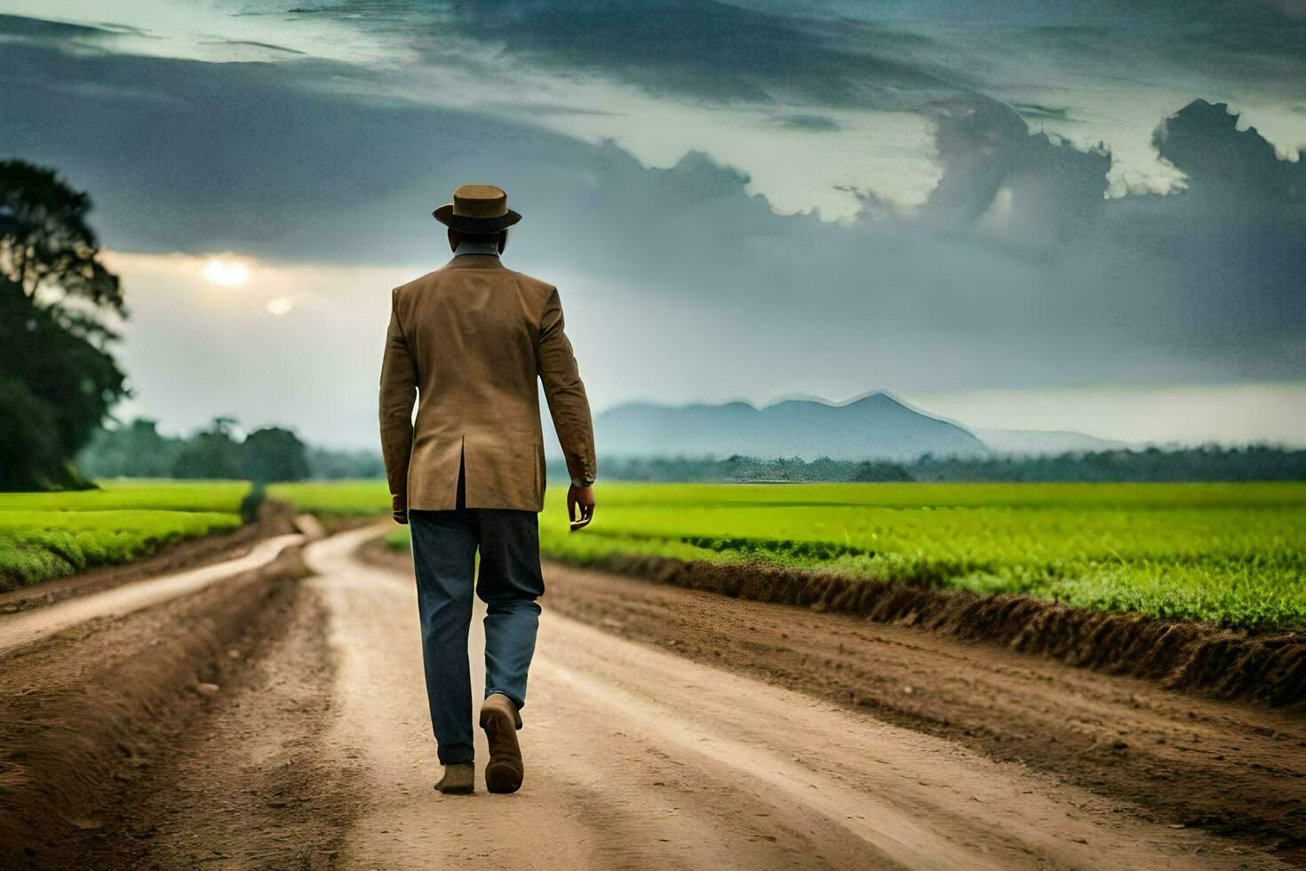a man in a suit walks down a dirt road. AI-Generated photo