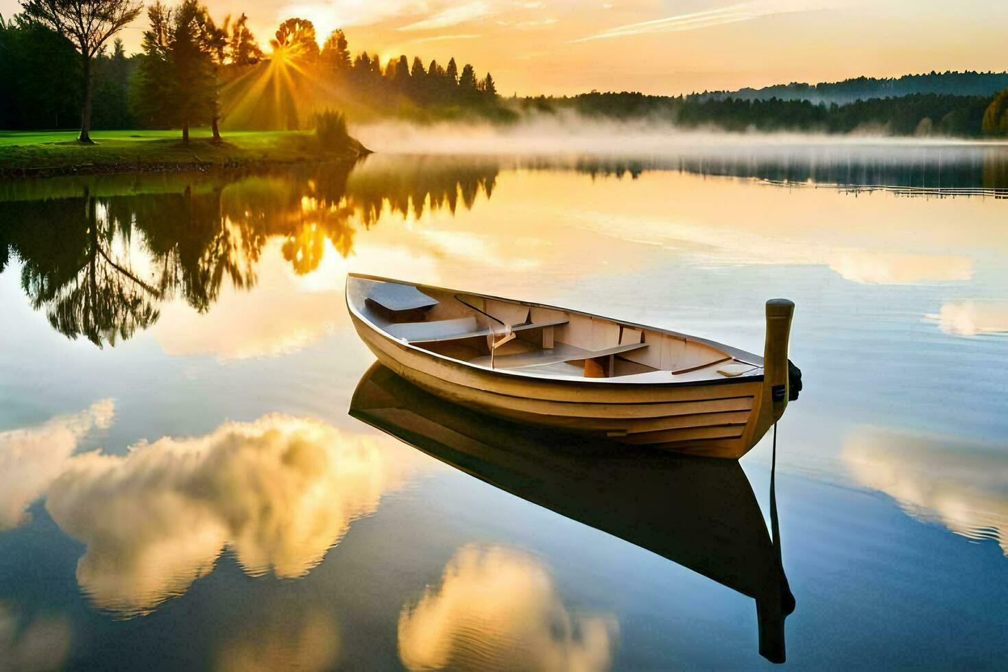 a boat floating on the calm water at sunset. AI-Generated photo
