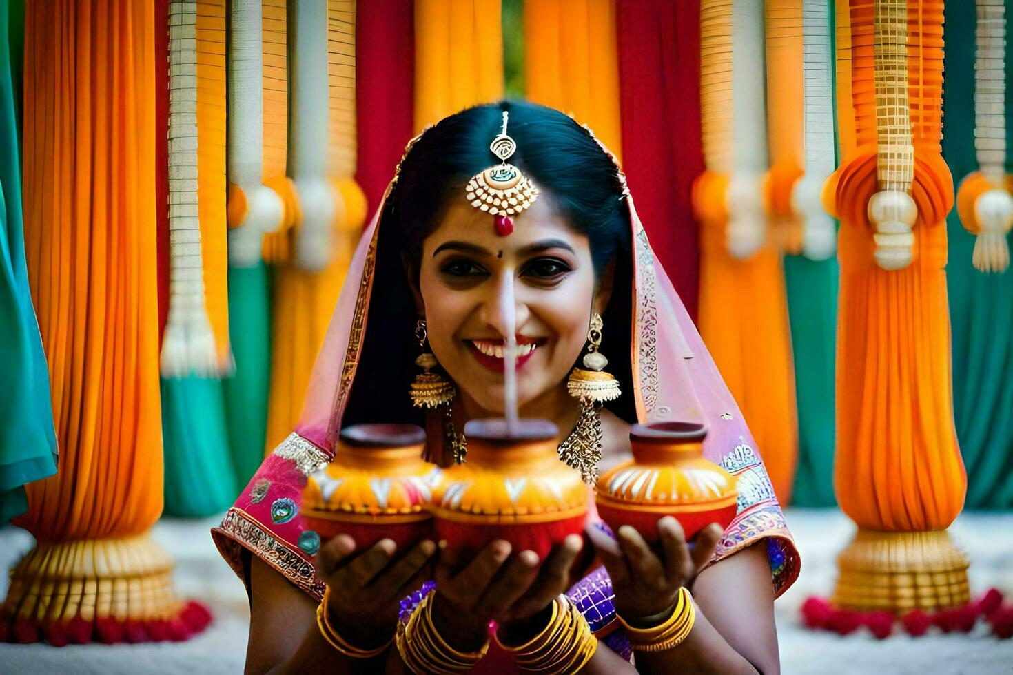 a beautiful indian bride holding two pots. AI-Generated photo