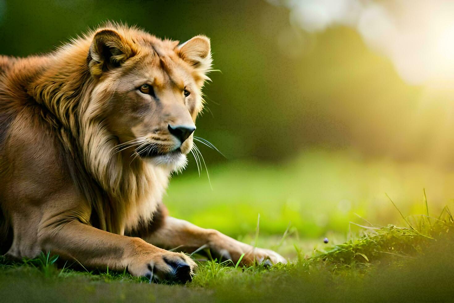 a lion is sitting on the grass in the sun. AI-Generated photo