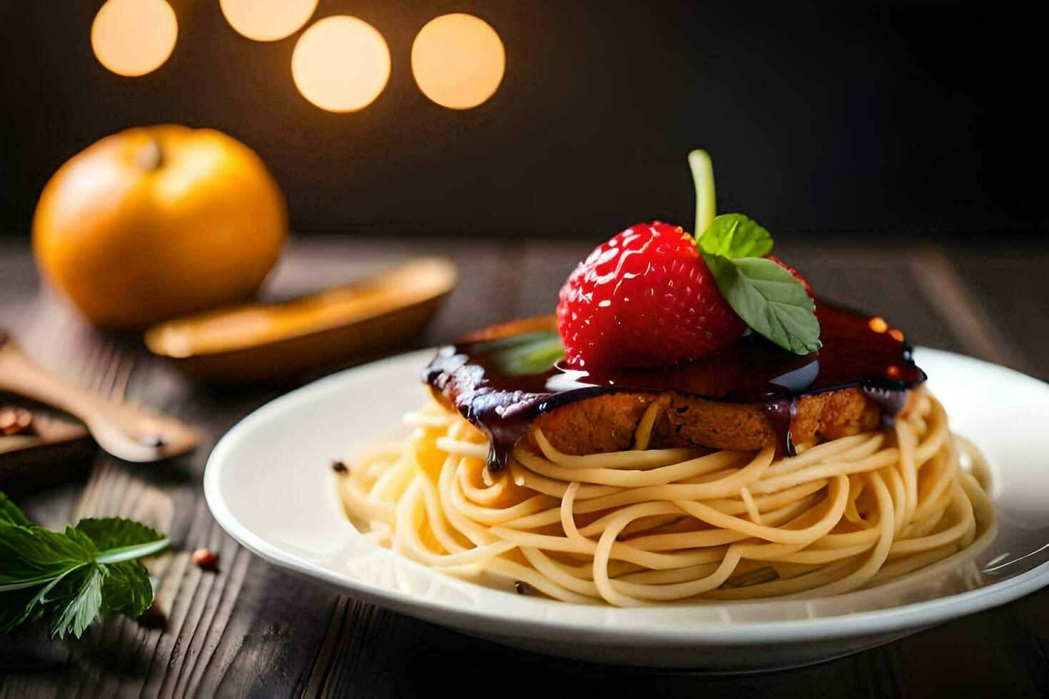 spaghetti with strawberry sauce and basil leaves on a plate. AI-Generated photo