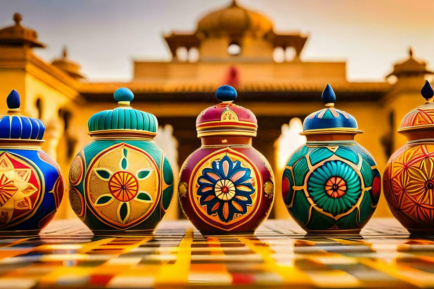 colorful vases with designs on them in front of a building. AI-Generated photo