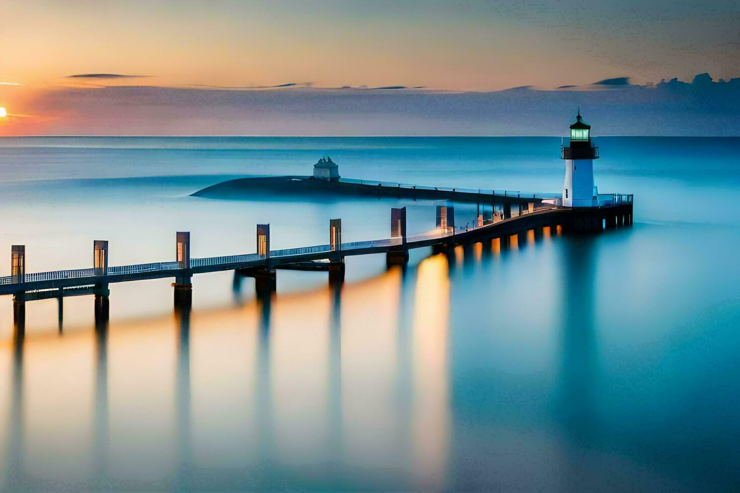 a long exposure photograph of a lighthouse at sunset. AI-Generated photo