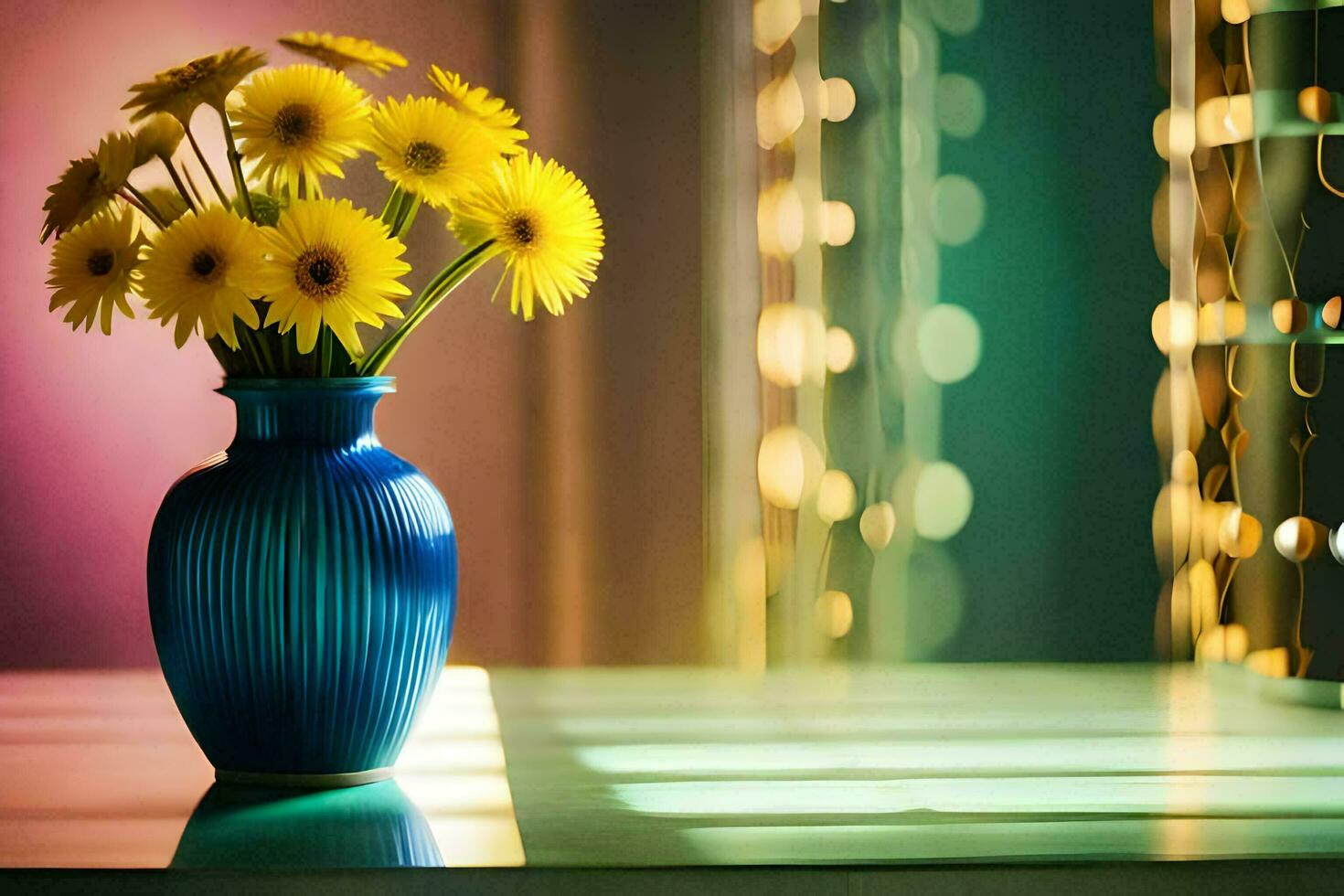 a blue vase with yellow flowers sitting on a table. AI-Generated photo