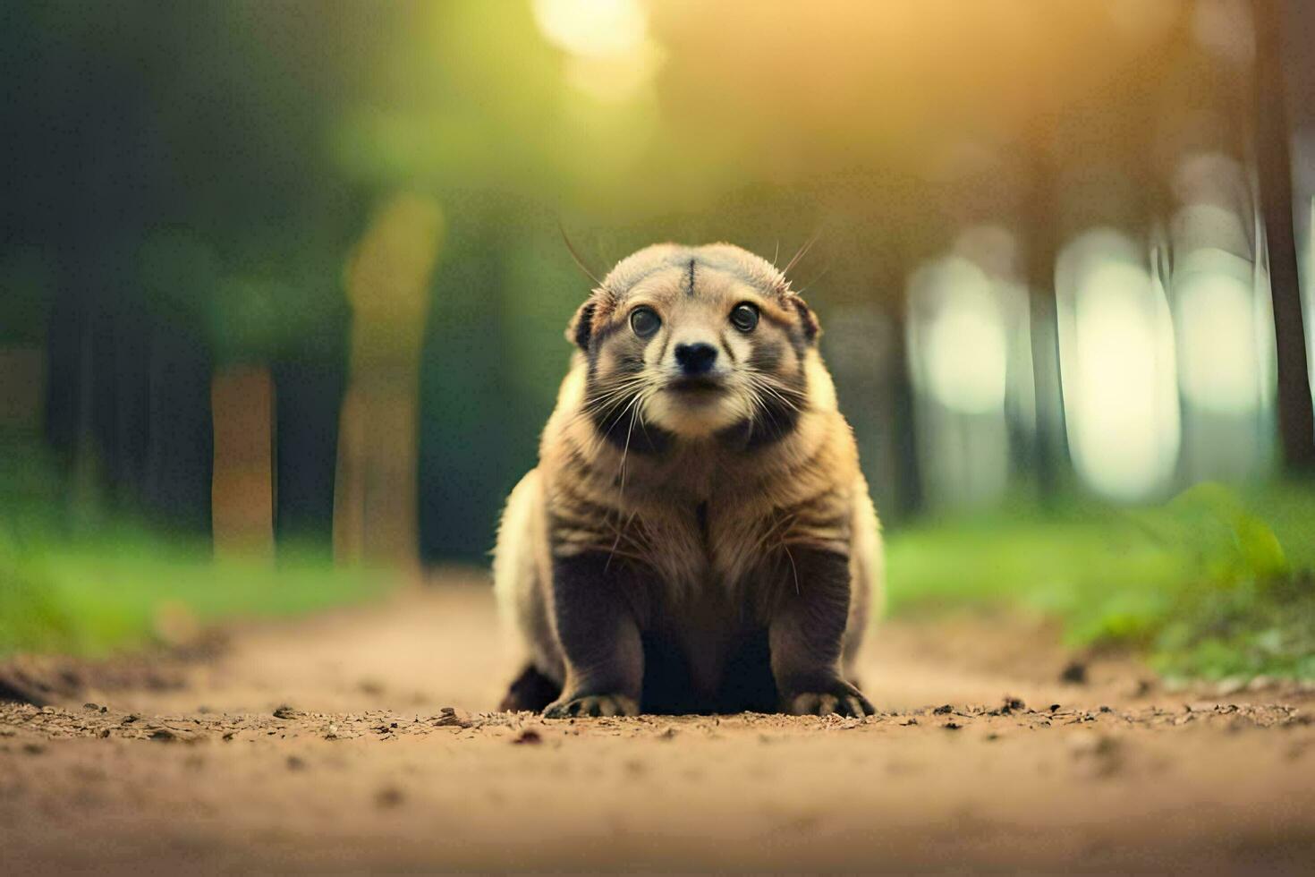 a small animal sitting on the ground in the middle of a forest. AI-Generated photo