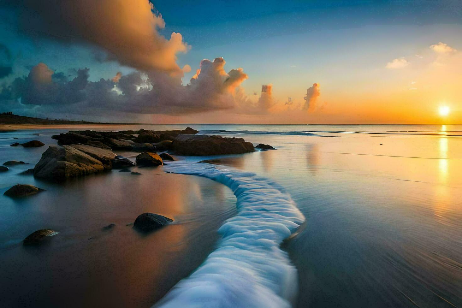 a beautiful sunset over the ocean with waves crashing on the shore. AI-Generated photo
