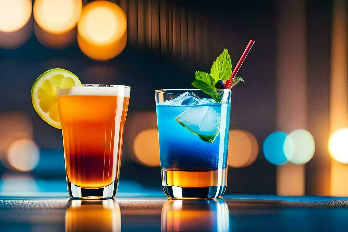 two drinks with colorful drinks on a table. AI-Generated photo