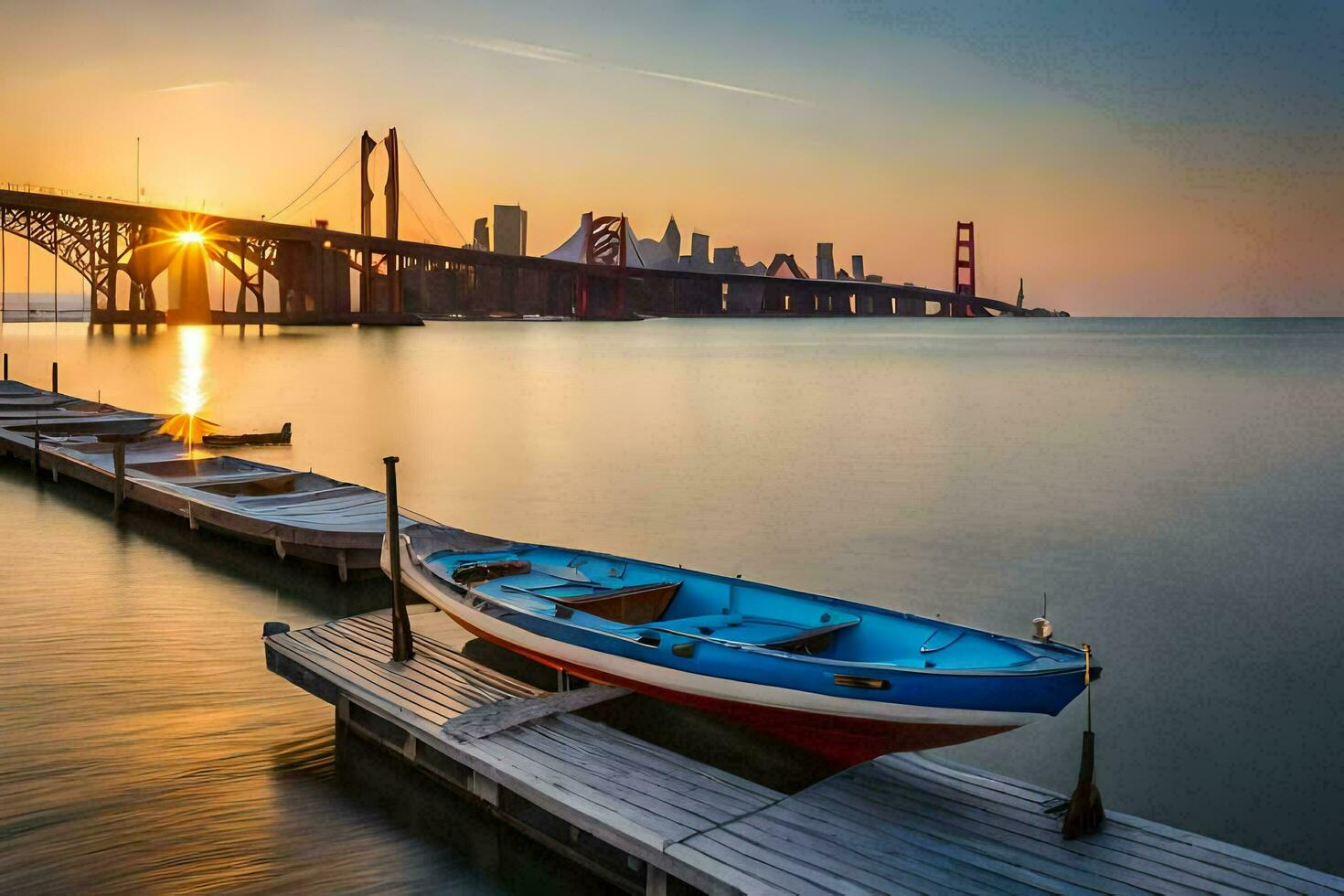 a boat sits on the dock at sunset with the golden gate bridge in the background. AI-Generated photo