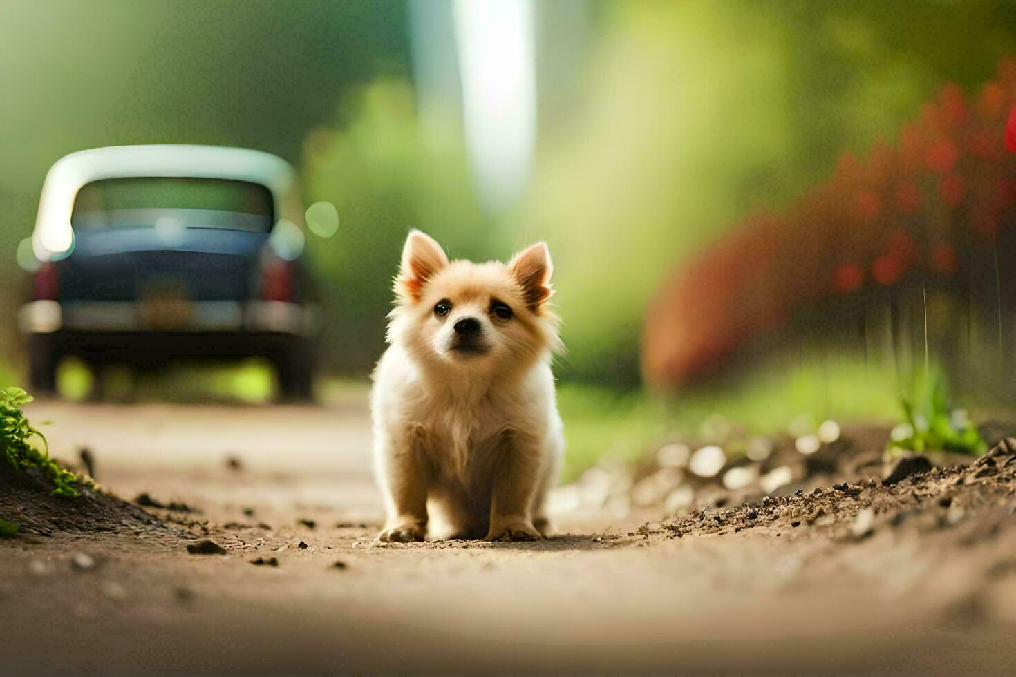 a small dog standing on the road in front of a car. AI-Generated photo