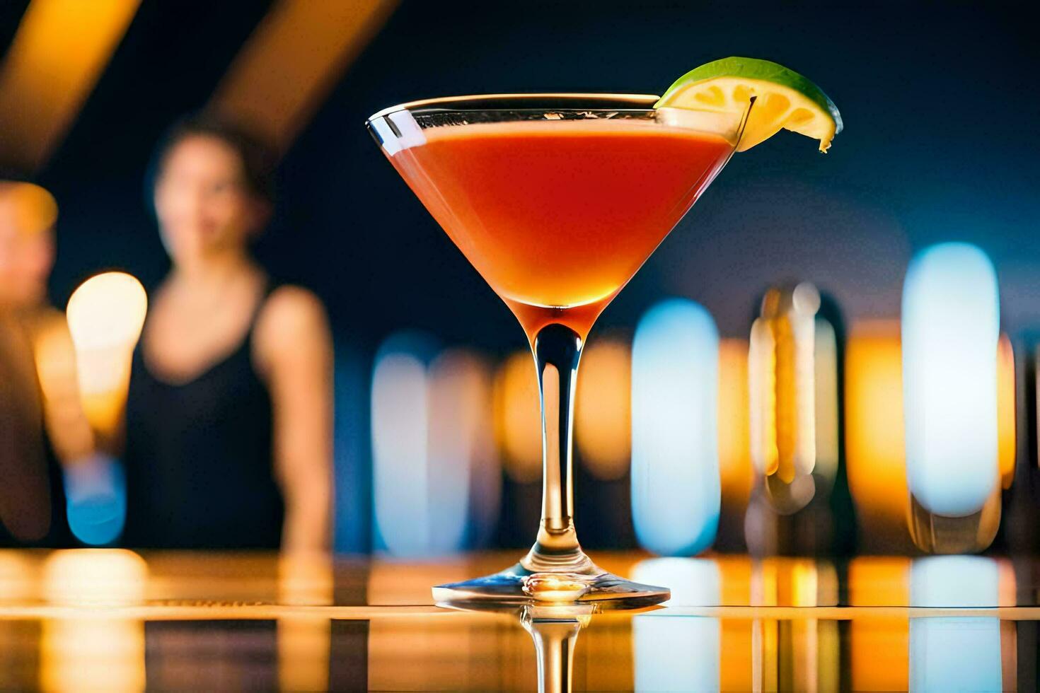 a cocktail sitting on a bar with a woman in the background. AI-Generated photo