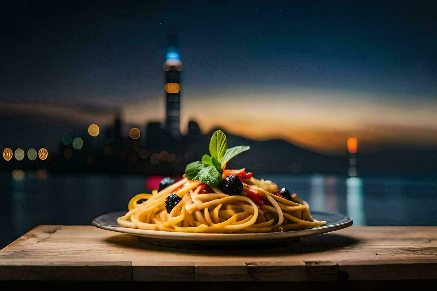 a plate of pasta with a view of the city. AI-Generated photo