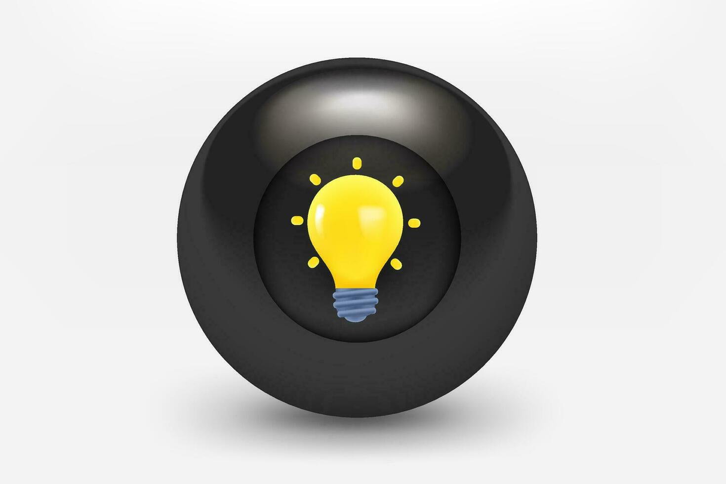 Black ball with shining lightbulb icon. 3d vector illustration