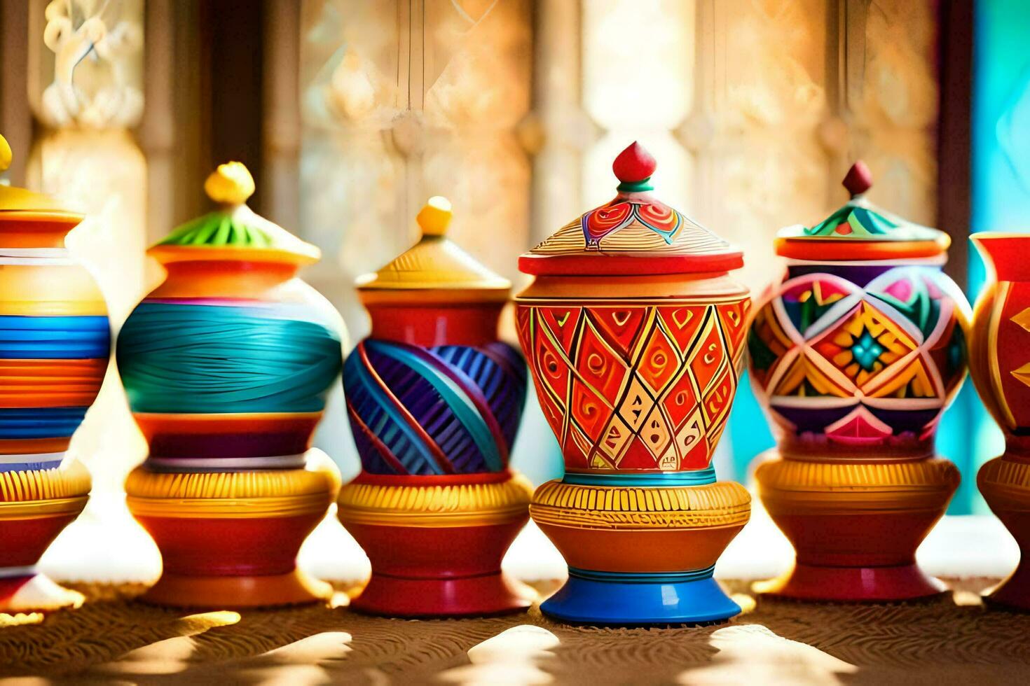 colorful ceramic vases are lined up on a table. AI-Generated photo