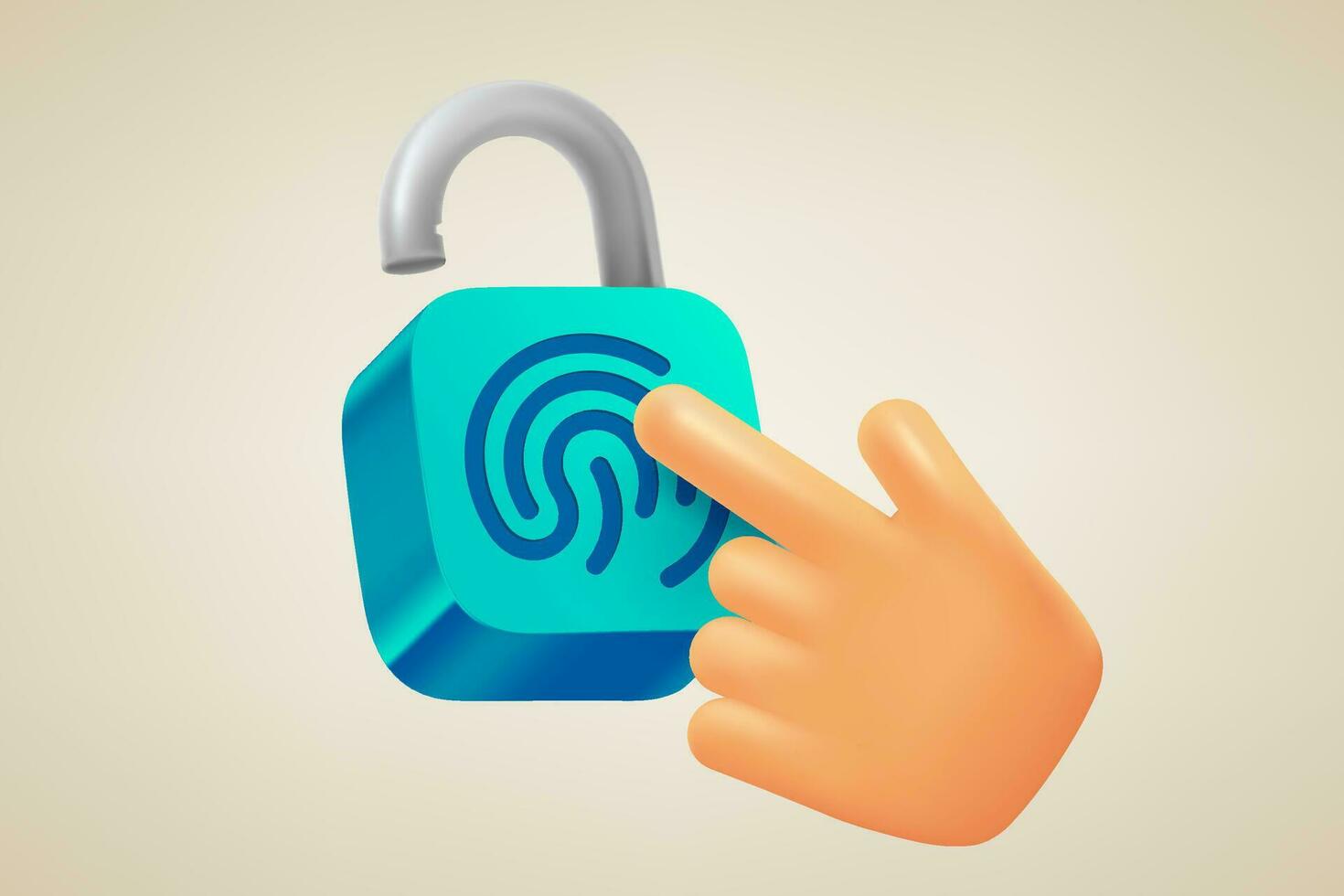 Hand pressing on padpock. Unlocking with fingerprint. 3d vector illustration