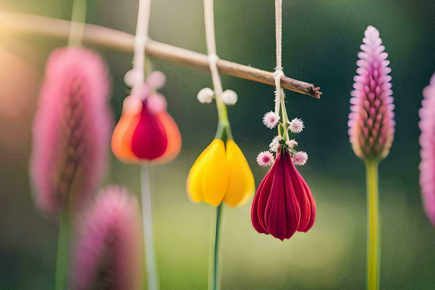 colorful flowers hanging from a branch. AI-Generated photo