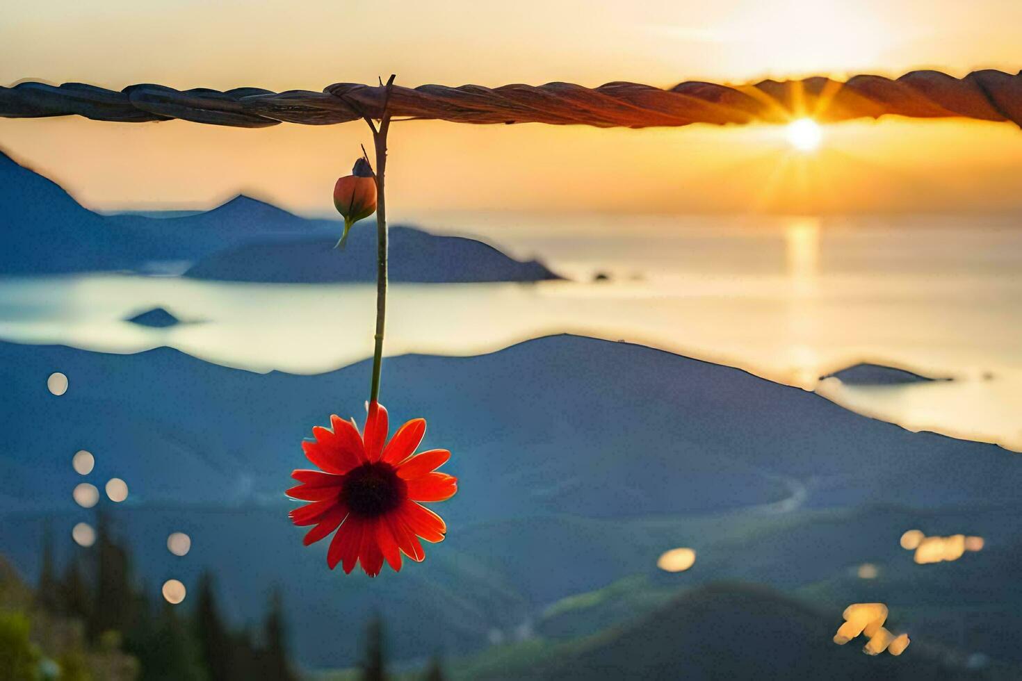 sunset, a red flower, a rope, and a mountain view. AI-Generated photo