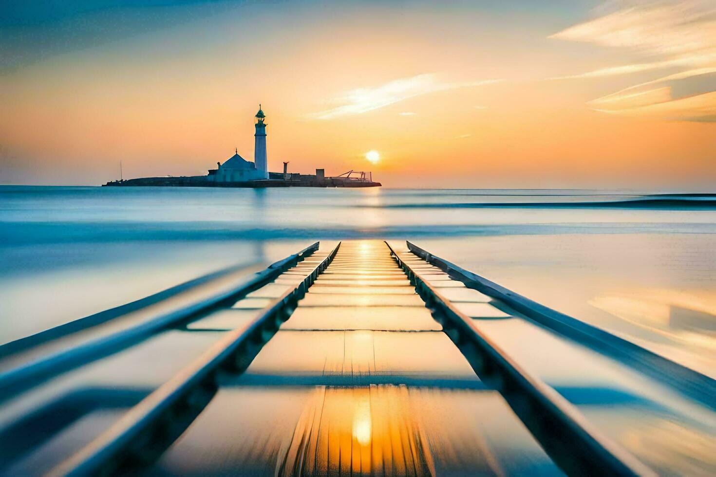 a lighthouse is seen in the distance as the sun sets. AI-Generated photo