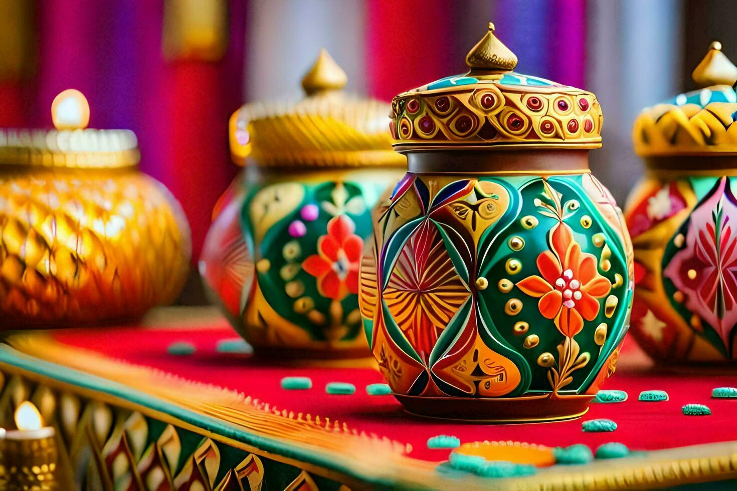 colorful vases with candles on a table. AI-Generated photo