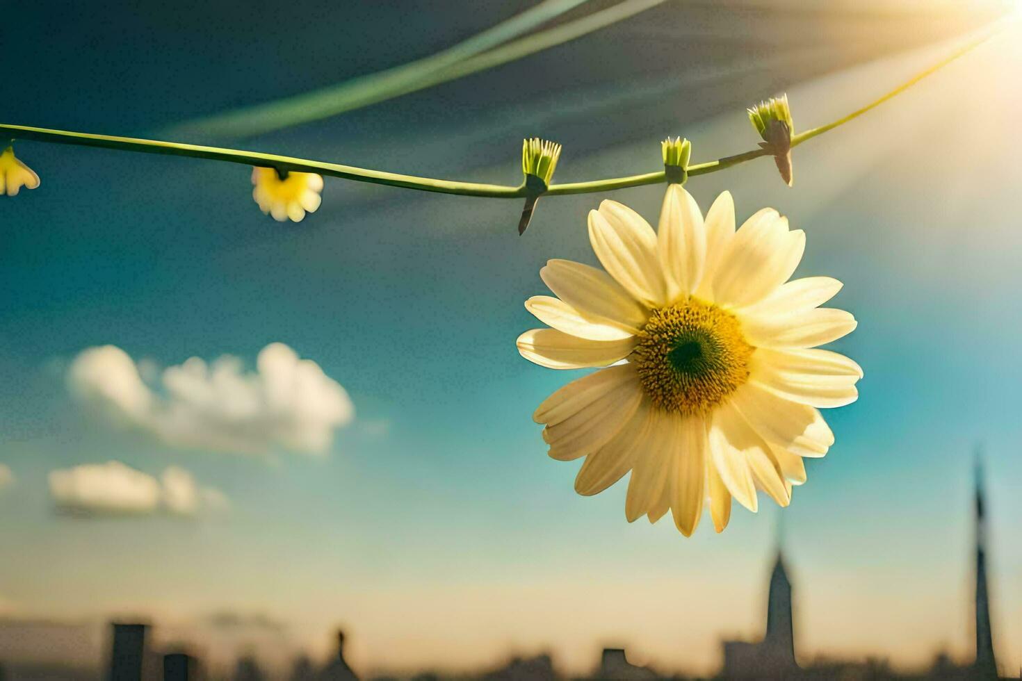 a single daisy flower is seen in front of a cityscape. AI-Generated photo