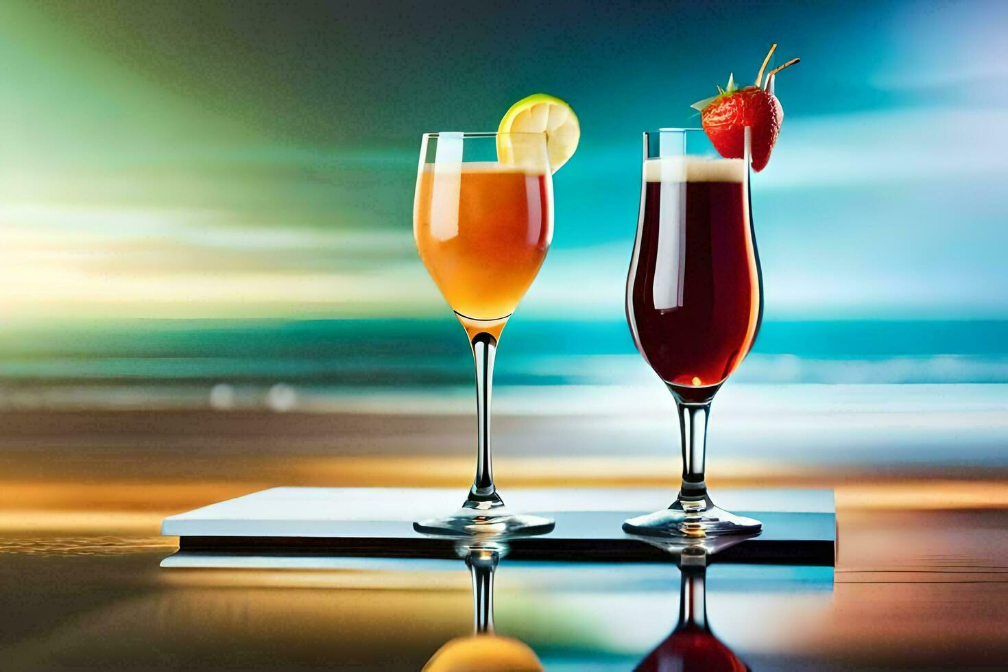 two glasses of cocktails with strawberries and strawberries on the table. AI-Generated photo