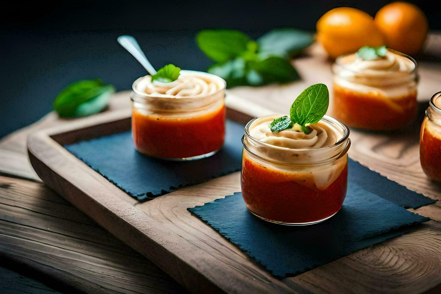 three small jars with tomato sauce and mint leaves. AI-Generated photo