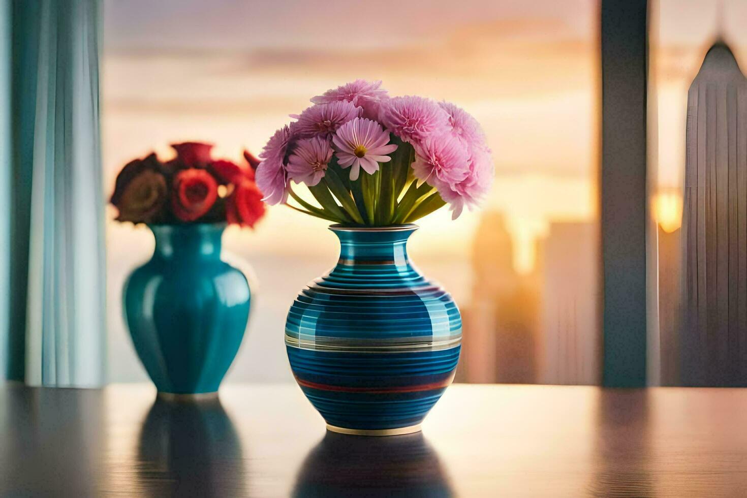 two vases with flowers on a table in front of a cityscape. AI-Generated photo