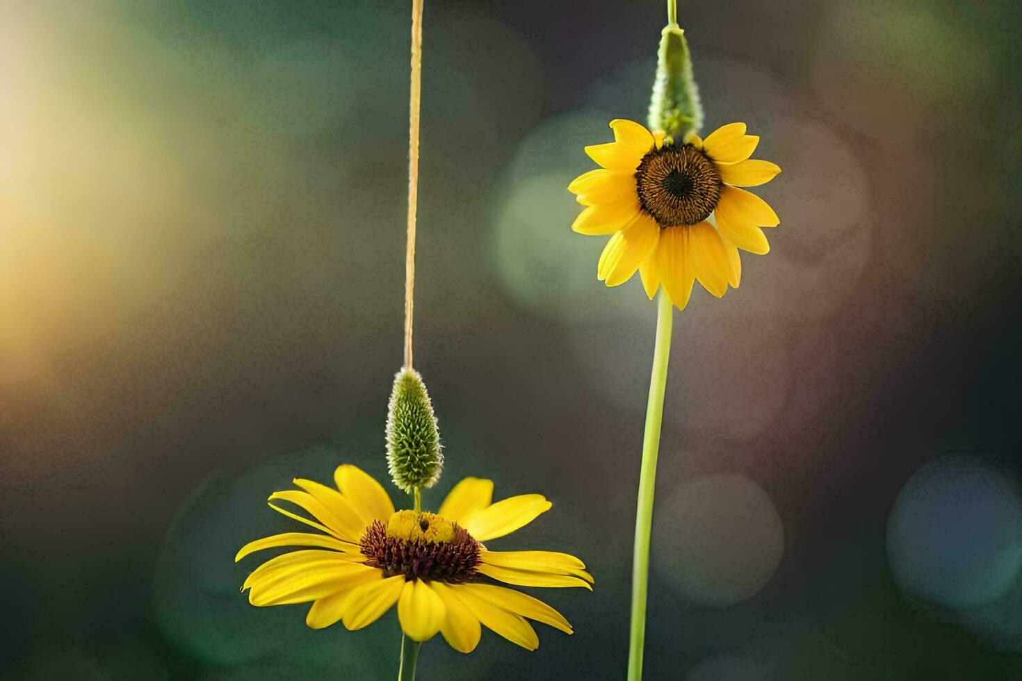 two yellow flowers hanging from a string. AI-Generated photo