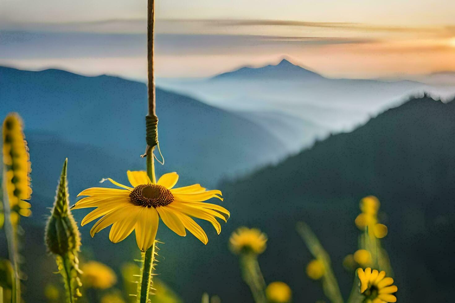 a yellow flower is hanging from a rope in front of a mountain range. AI-Generated photo