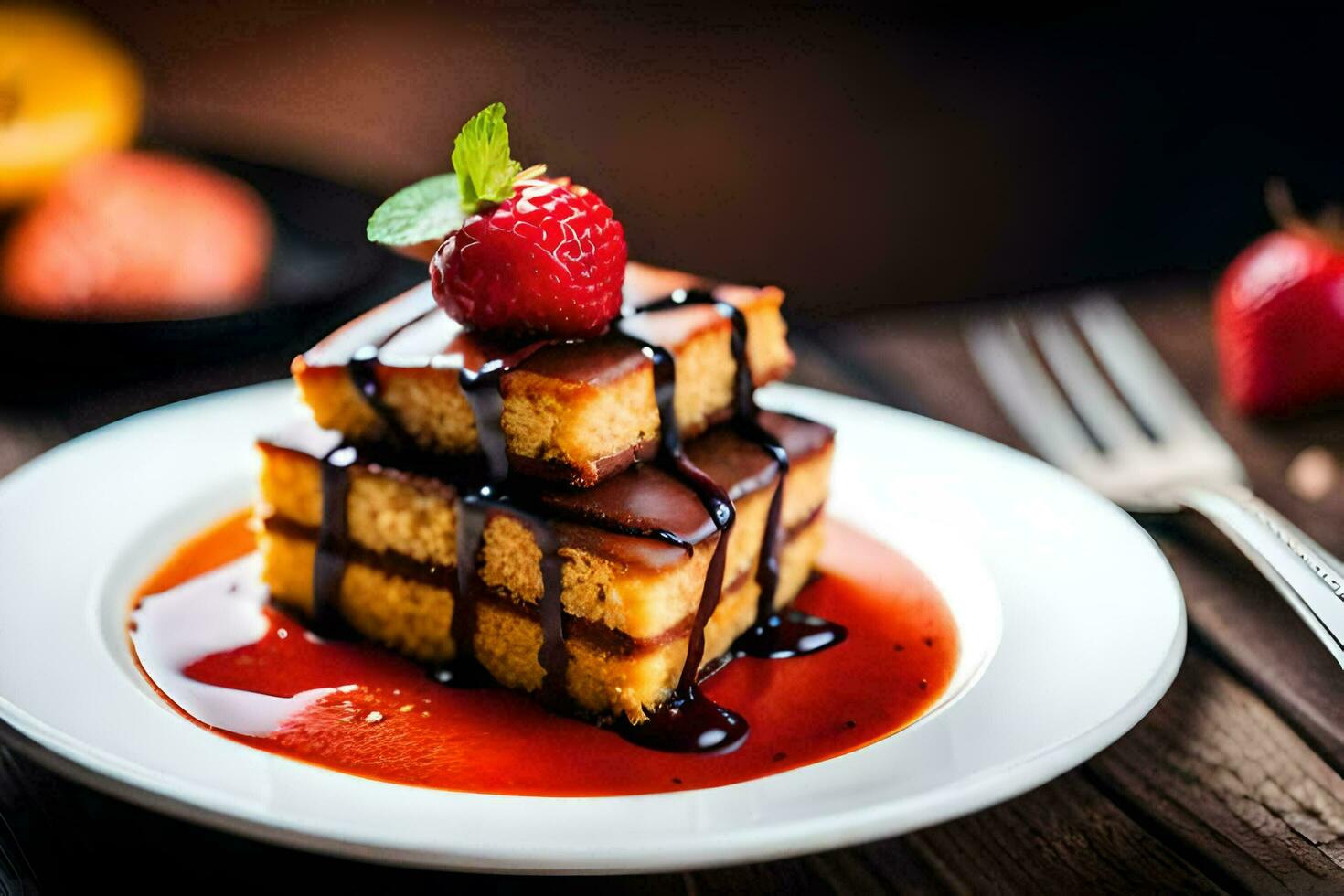 a plate with a piece of cake and strawberries. AI-Generated photo