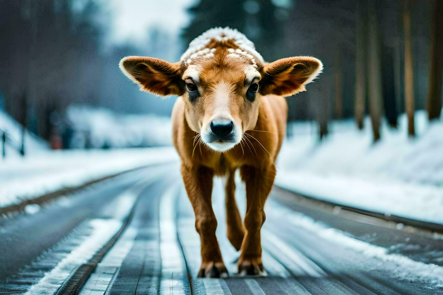 a cow walking on a snowy road. AI-Generated photo