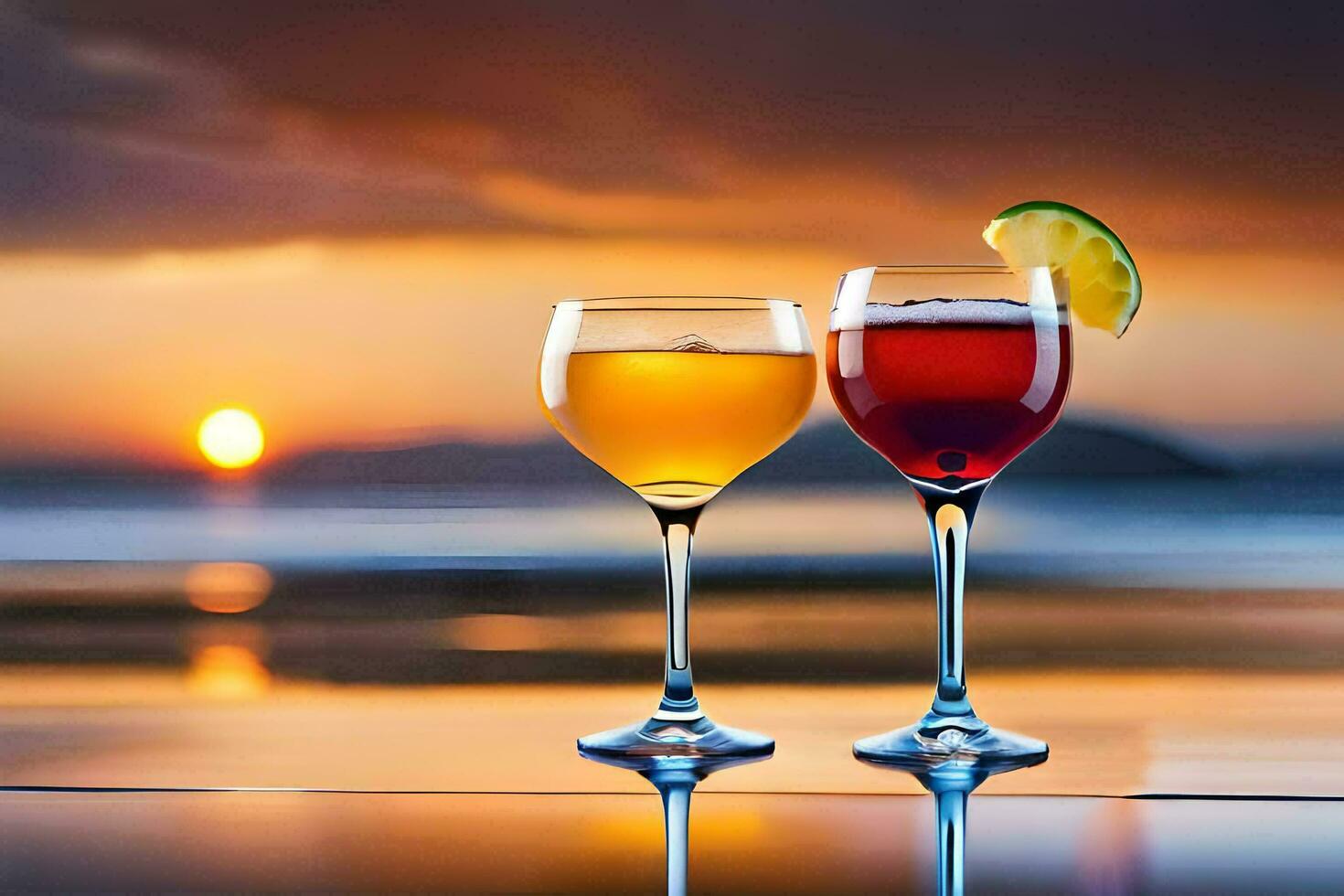 two glasses of wine with a sunset in the background. AI-Generated photo