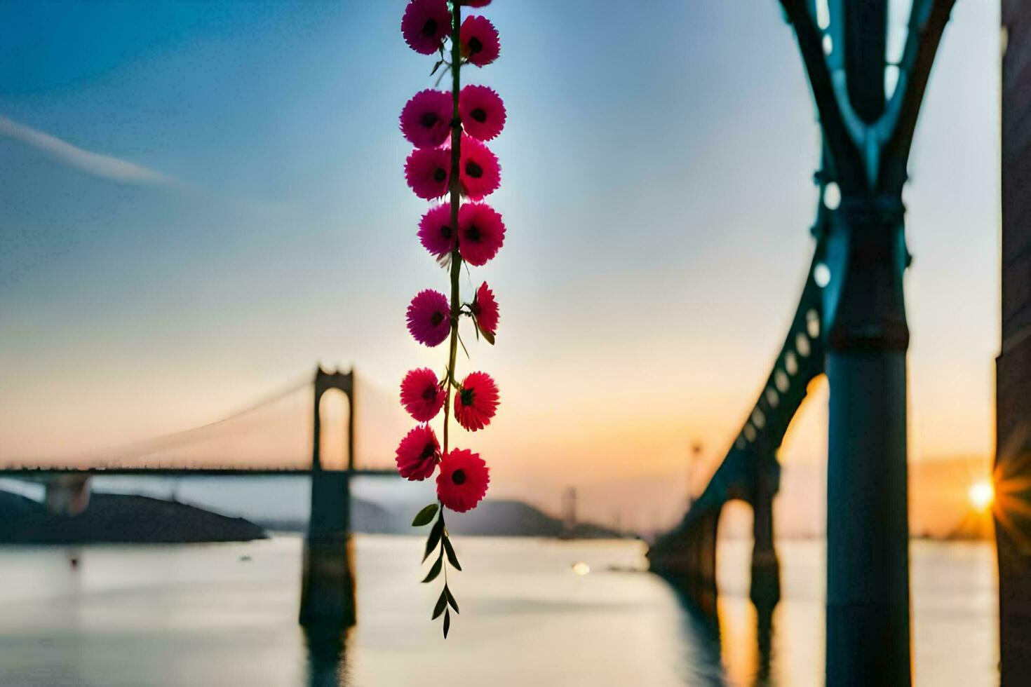 un rosado flor cuelga desde un puente terminado agua. generado por ai foto