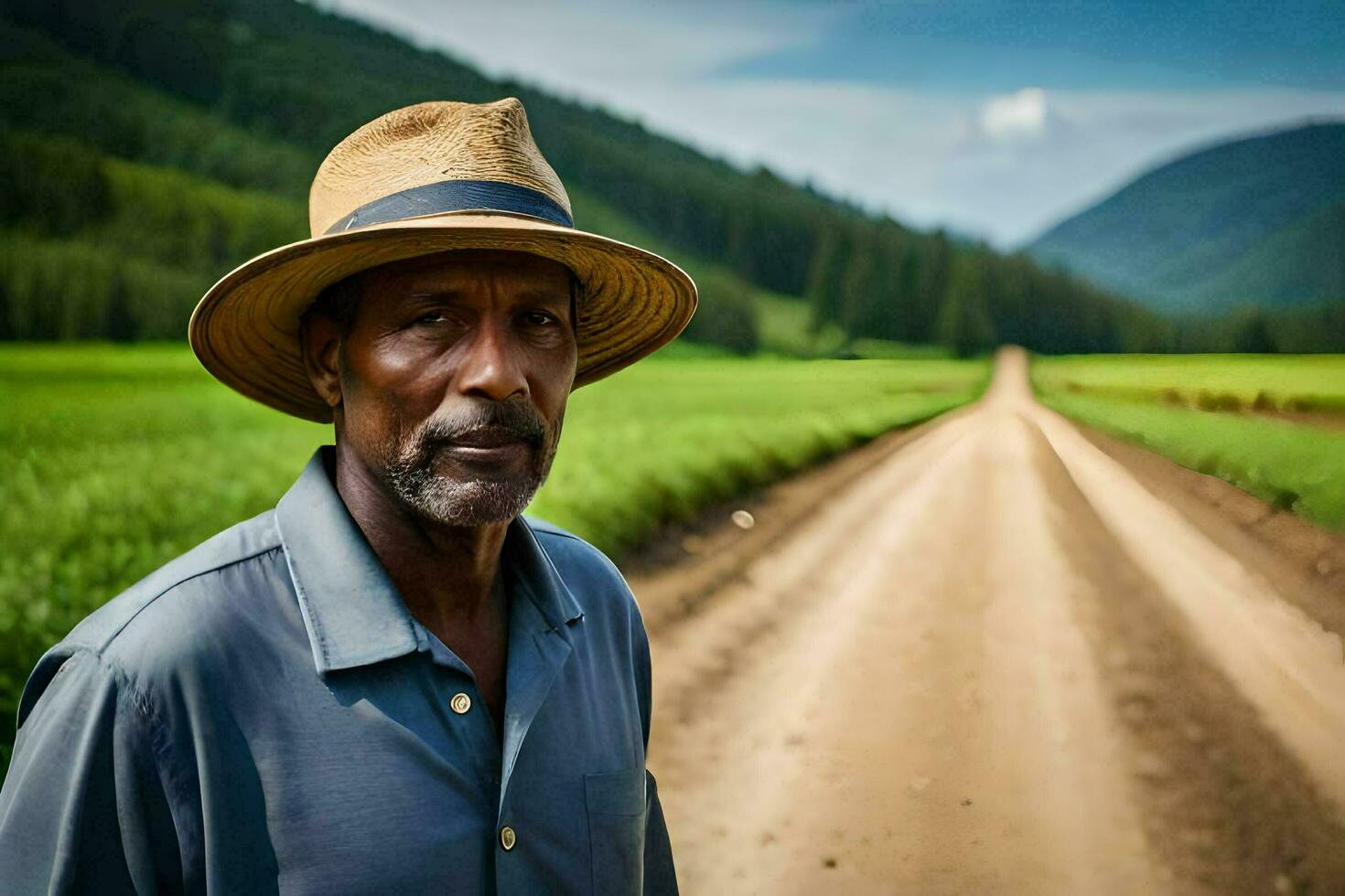 a man in a hat stands on a dirt road. AI-Generated photo