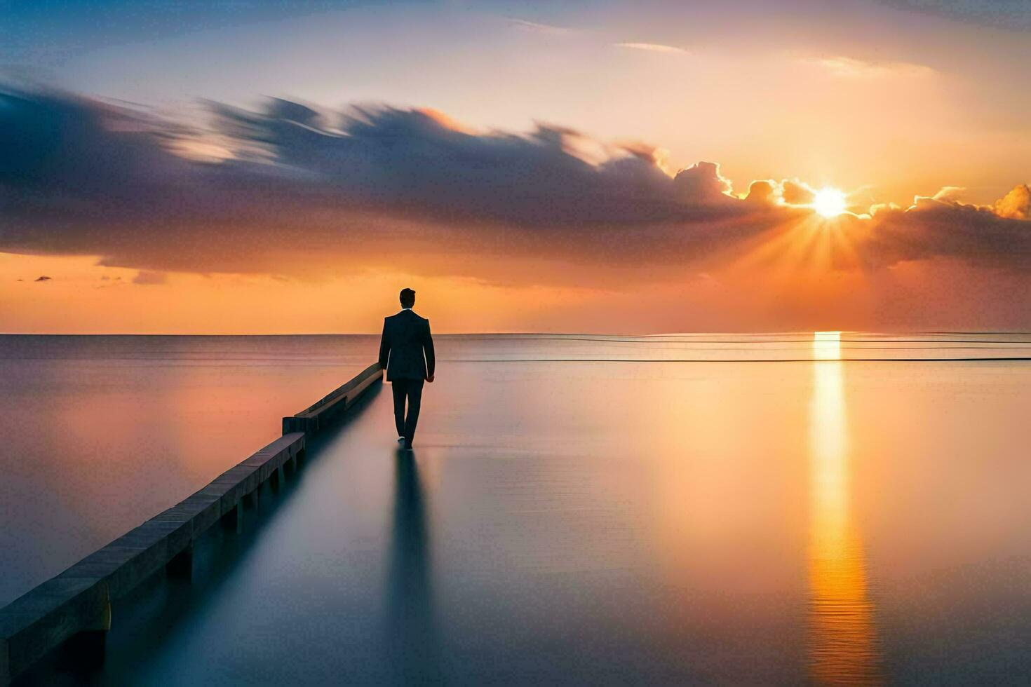 a man walking on a pier at sunset. AI-Generated photo