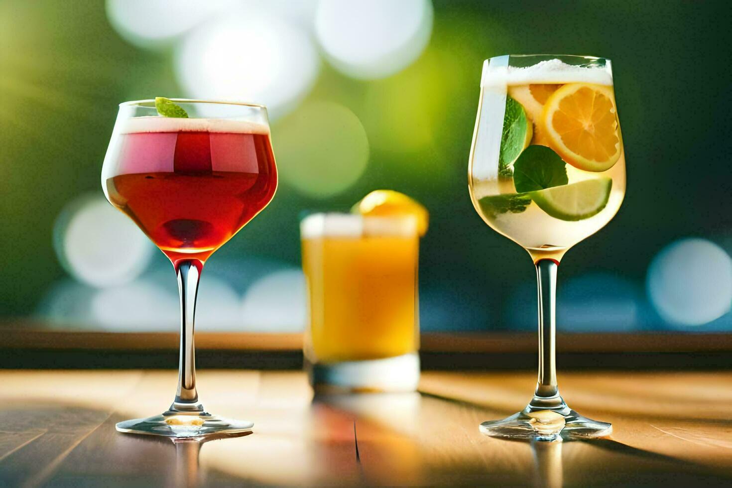 two glasses of different drinks on a table. AI-Generated photo