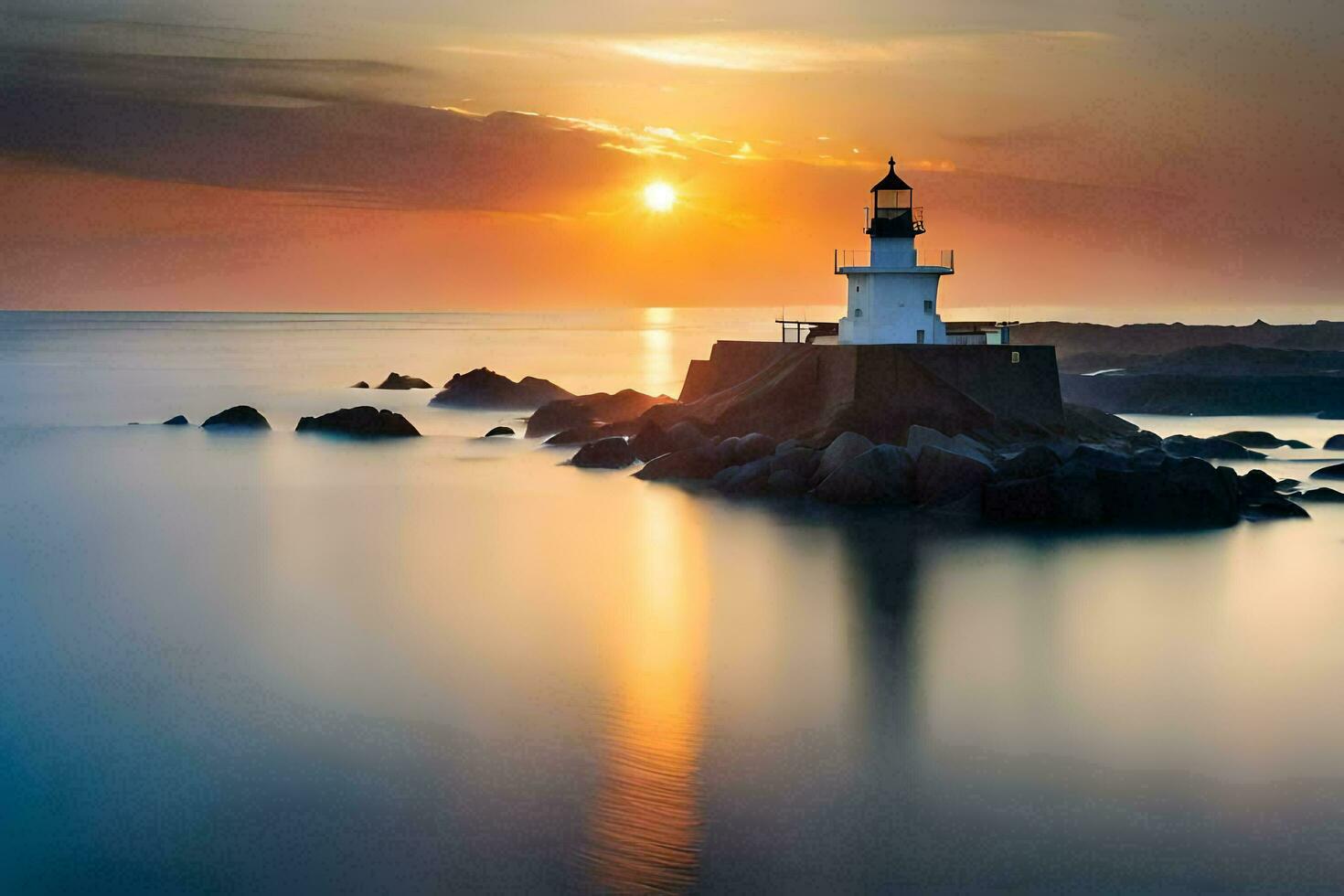 a lighthouse is seen at sunset in the ocean. AI-Generated photo