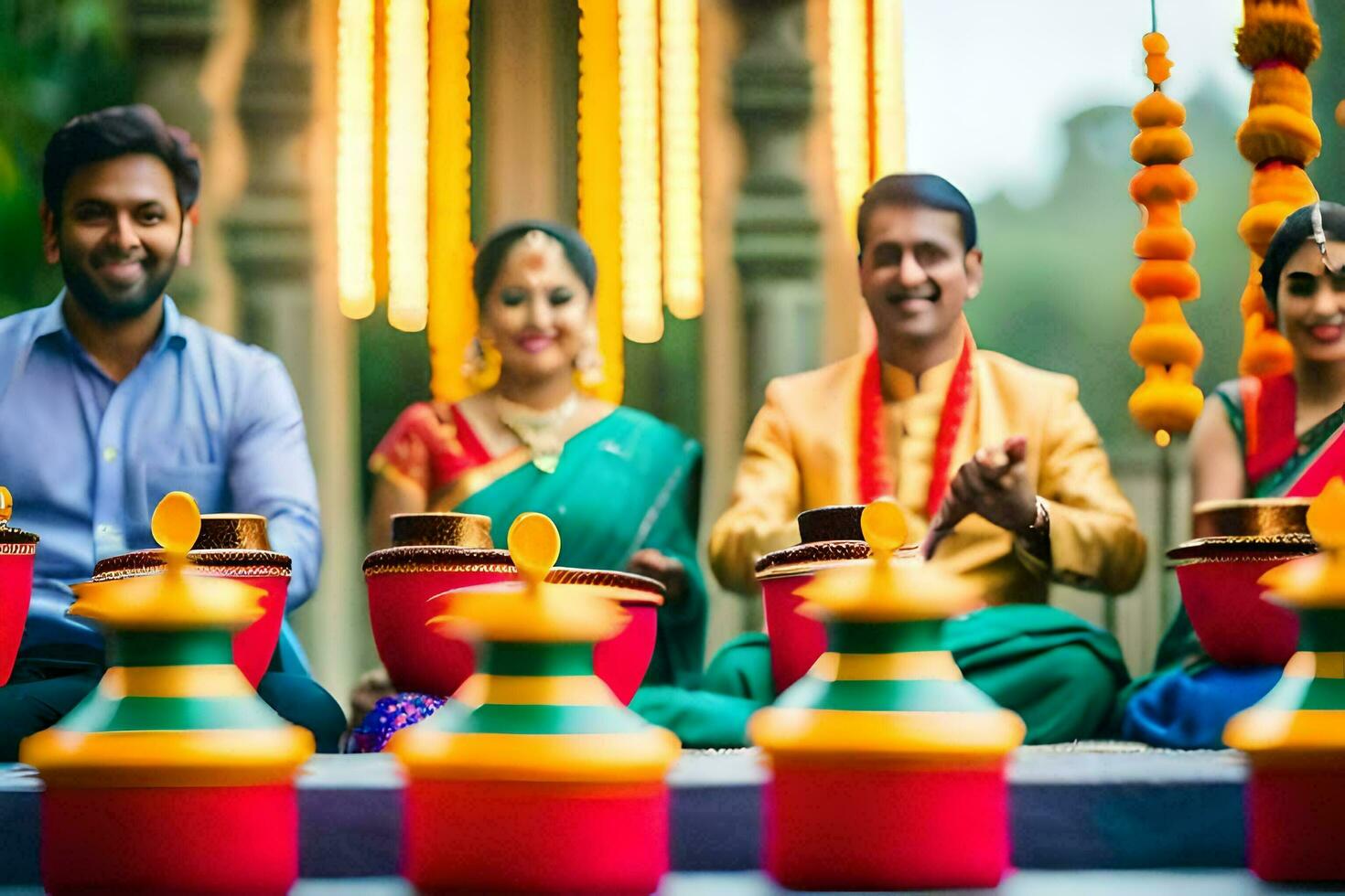 un Pareja y su amigos son sentado alrededor un mesa con vistoso ollas. generado por ai foto