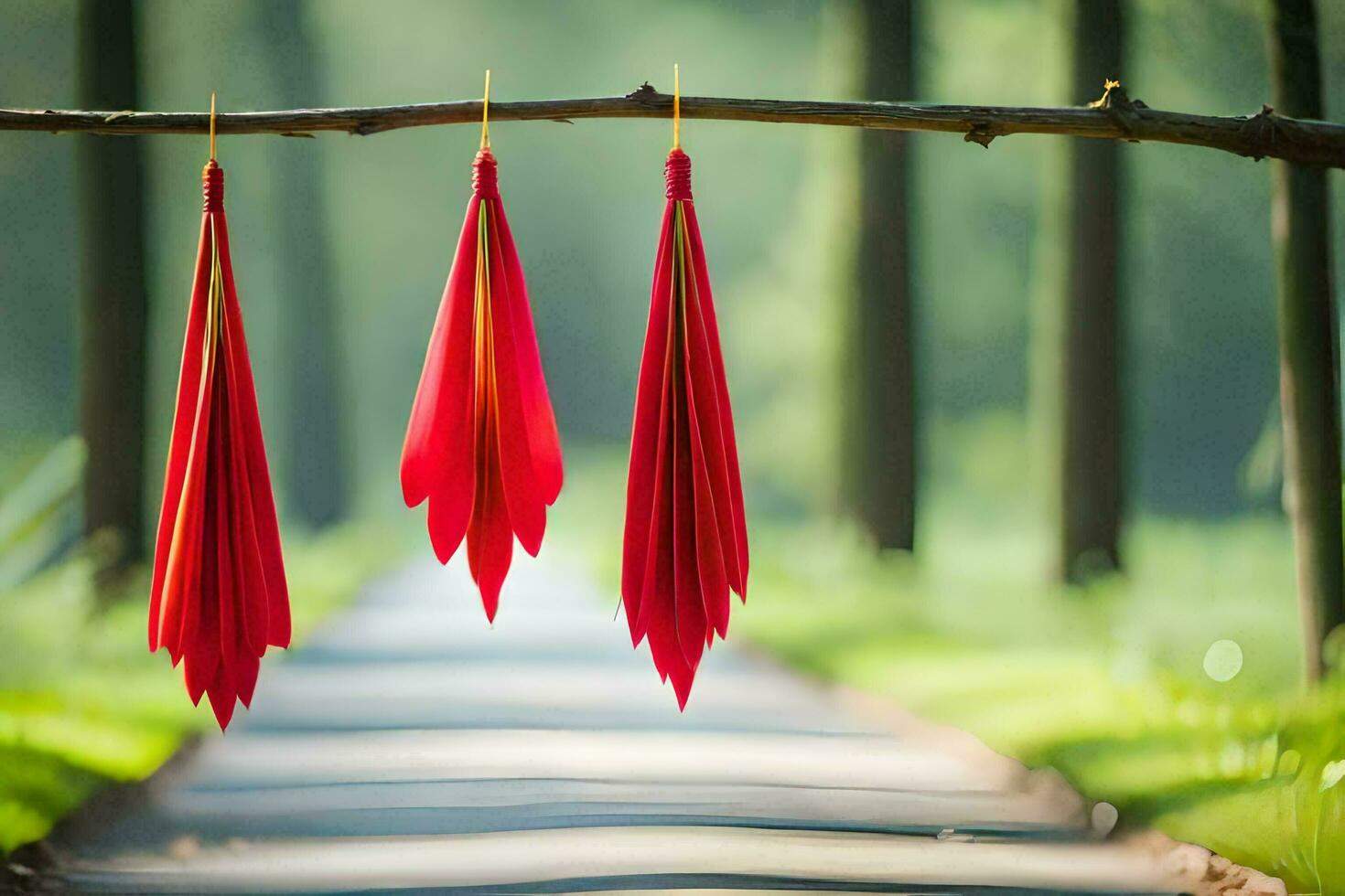 three red paper kites hang from a tree branch. AI-Generated photo