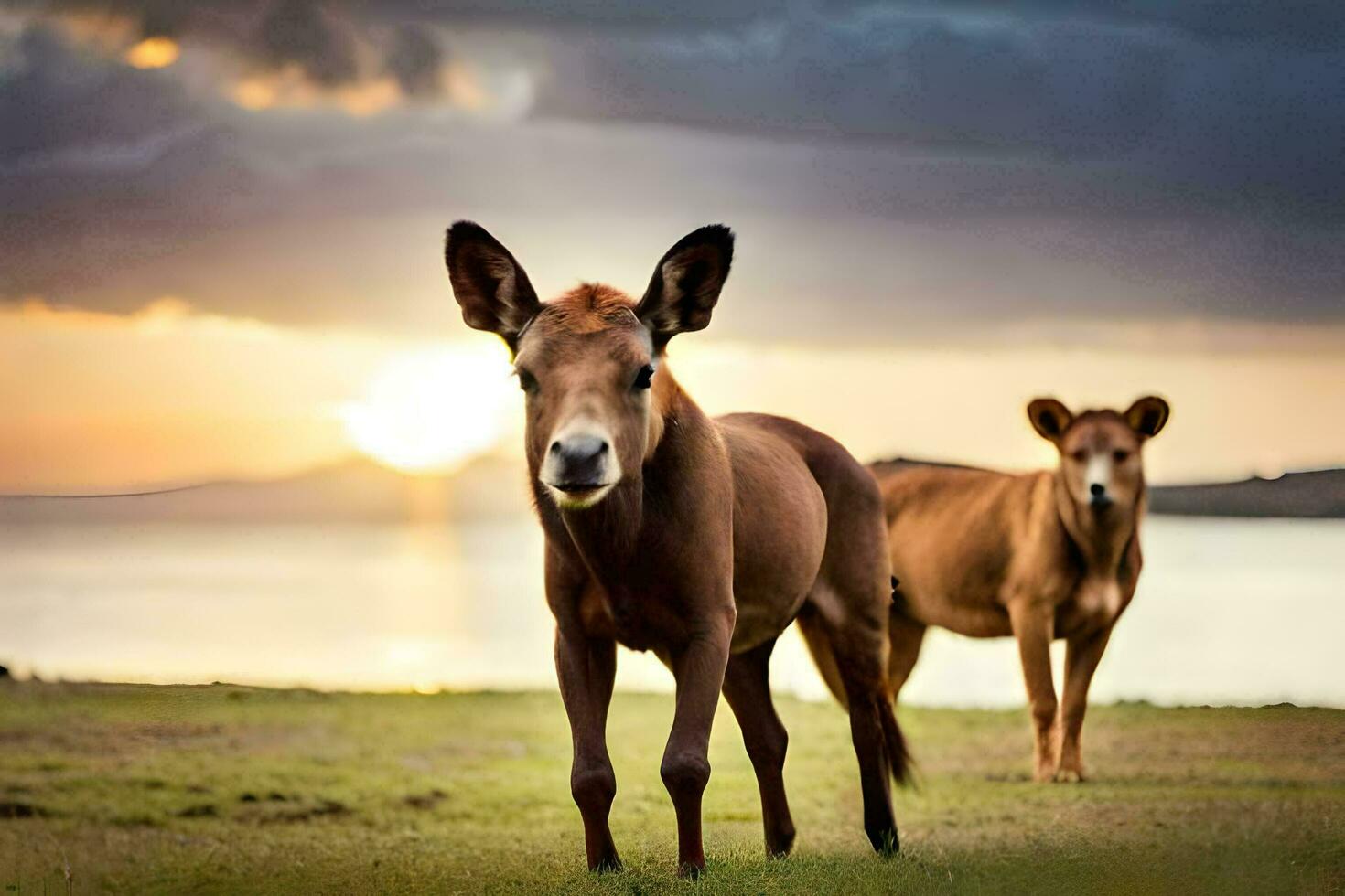 two donkeys stand in the grass at sunset. AI-Generated photo