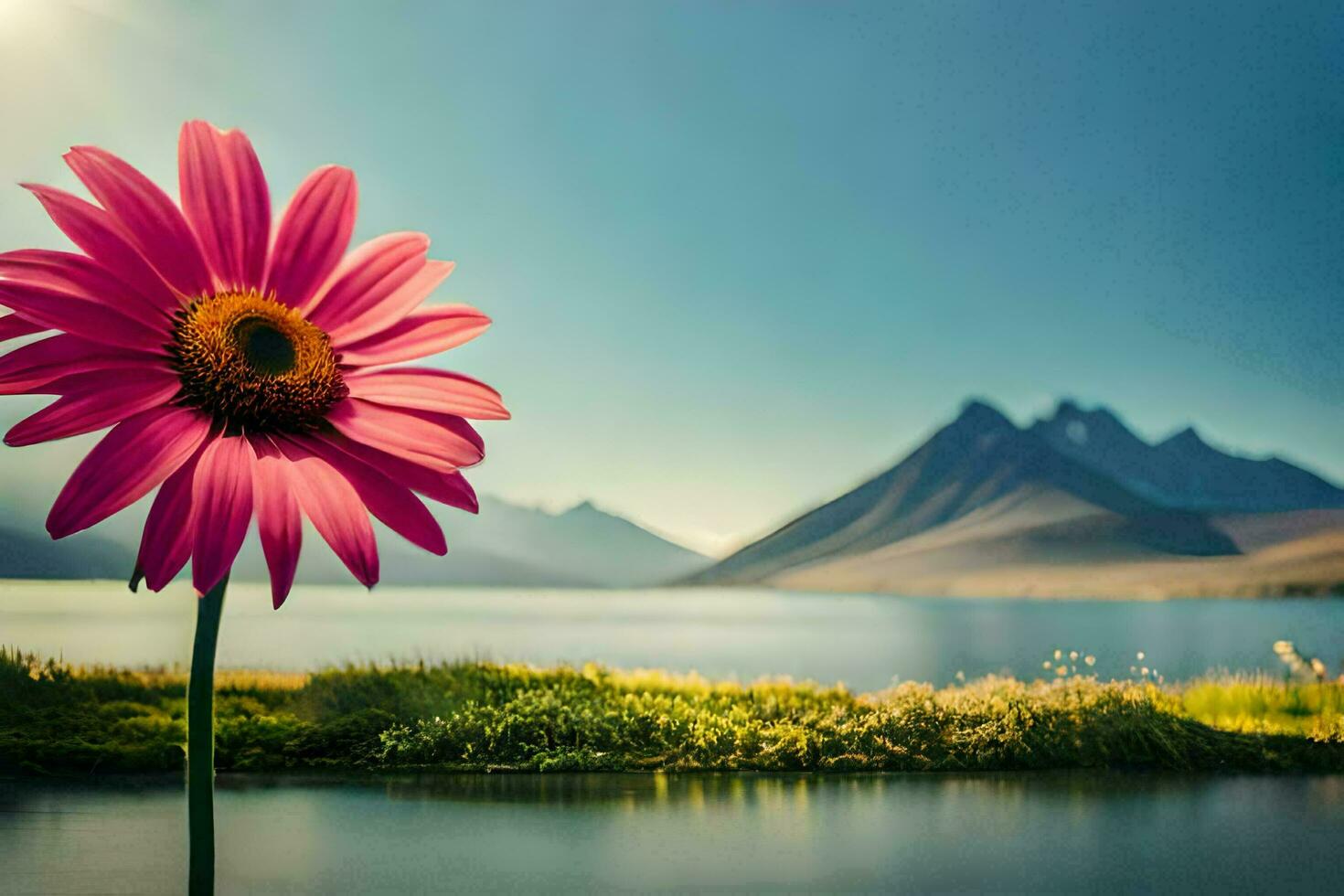 a pink flower stands in front of a lake and mountains. AI-Generated photo