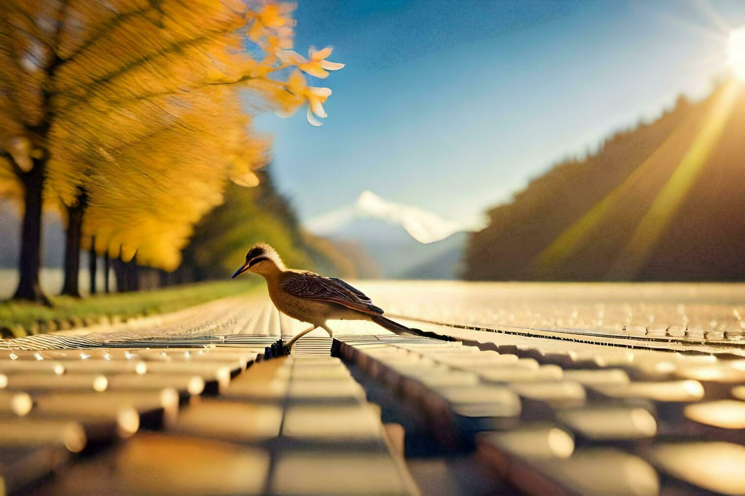 a bird is standing on a brick walkway. AI-Generated photo