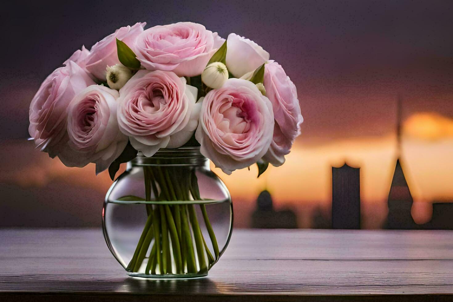 pink roses in a vase on a table with a city in the background. AI-Generated photo