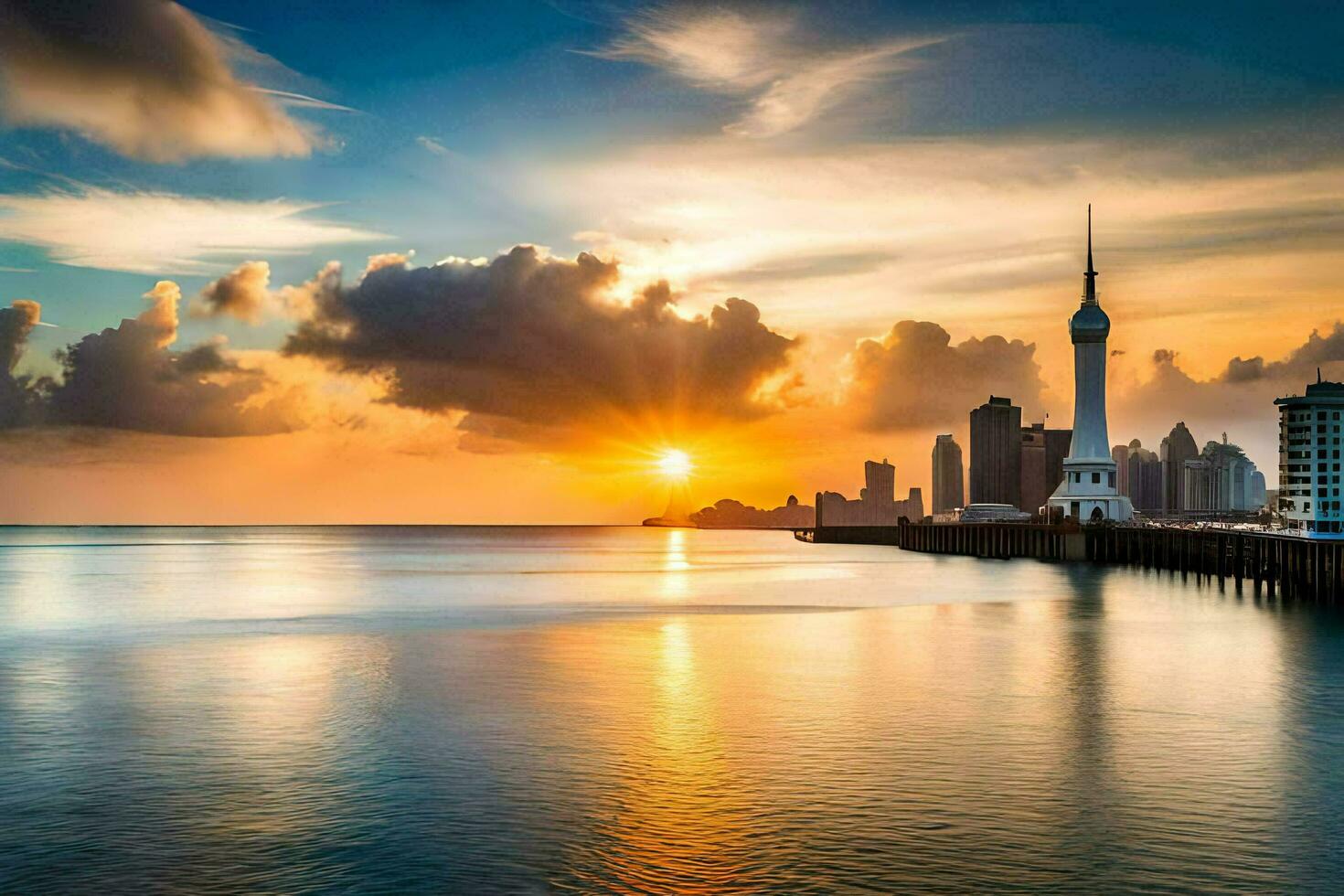 the sun sets over the city skyline in shanghai. AI-Generated photo