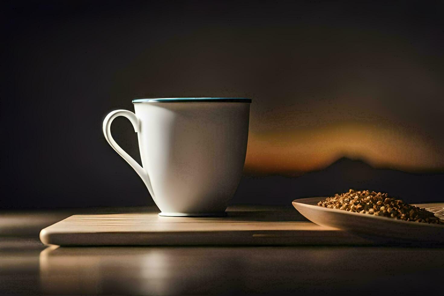 a cup of coffee and a bowl of cereal on a wooden table. AI-Generated photo