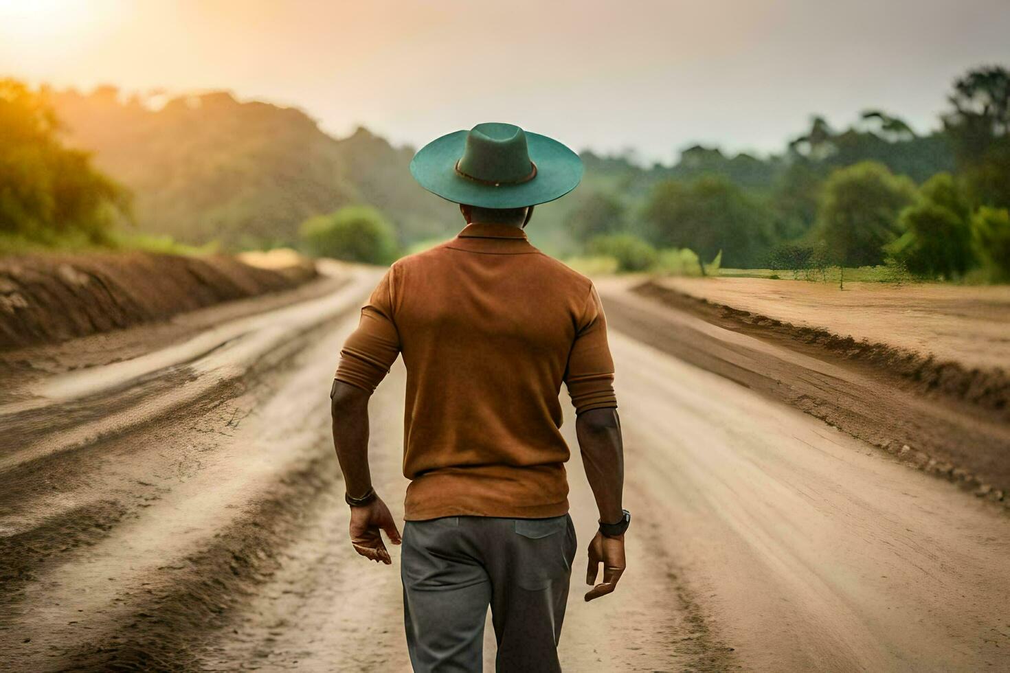 man walking on dirt road with hat and brown shirt. AI-Generated photo