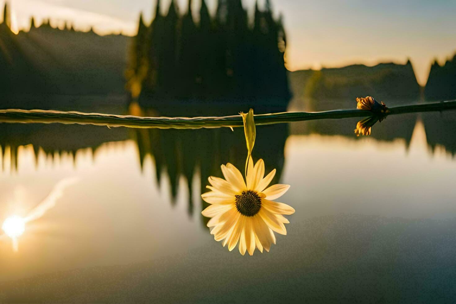 a single flower hanging from a wire over a lake. AI-Generated photo