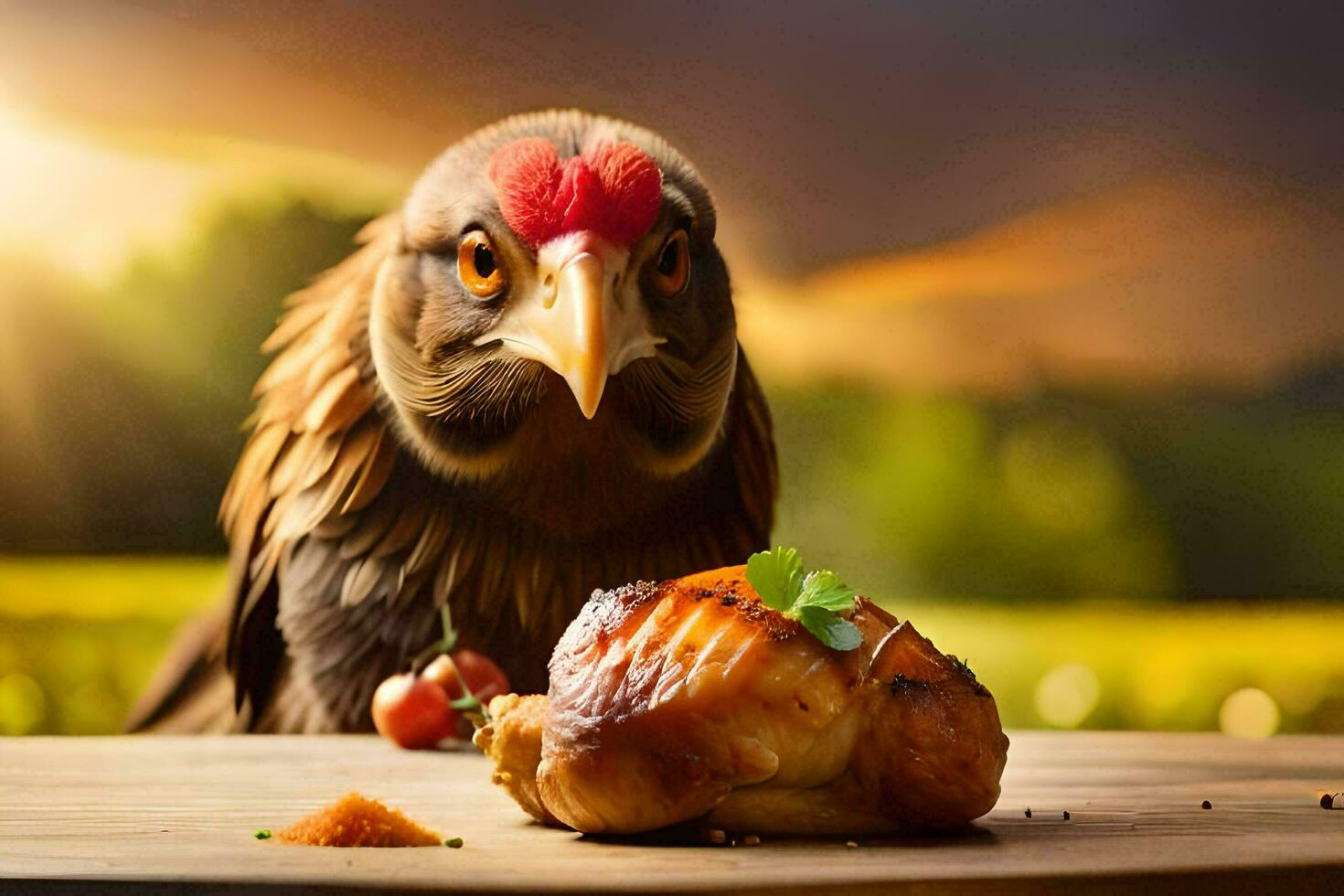 a chicken is sitting on a table with a piece of chicken. AI-Generated photo