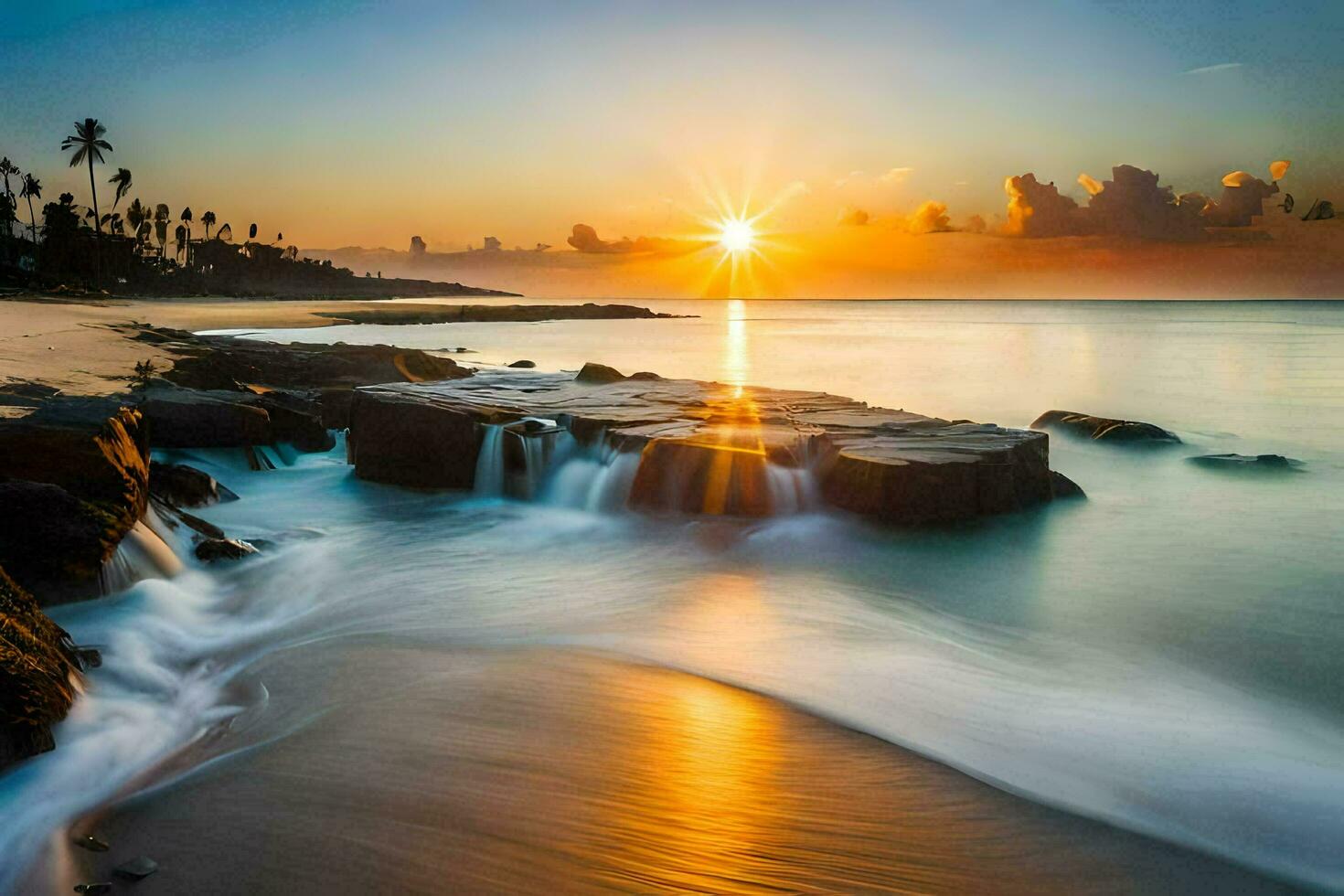 the sun rises over the ocean and waves crash into the shore. AI-Generated photo
