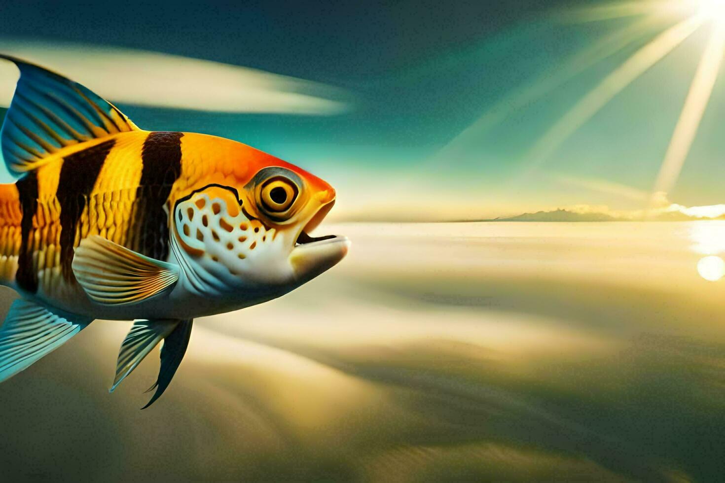 a fish swimming in the ocean with the sun in the background. AI-Generated photo